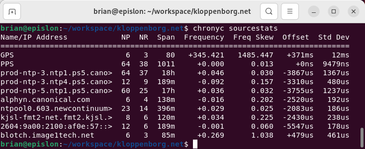 chrony sourcestats output showing 9 micoseconds error